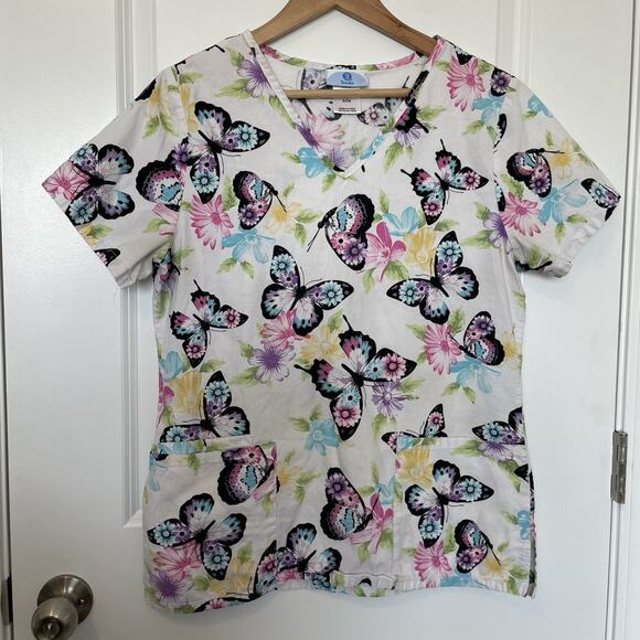 SB Scrubs Tops - SB Scrubs Women's Butterfly Print Colorful Short Sleeve V Neck Scrub Top Size S